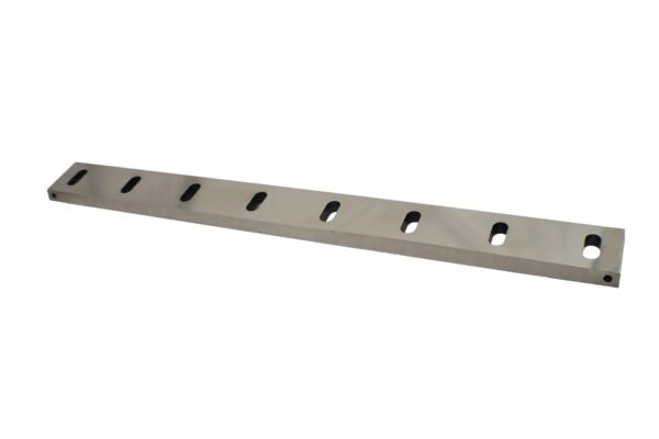 Long flat stator knife — 7 oval mounting slots, precision ground